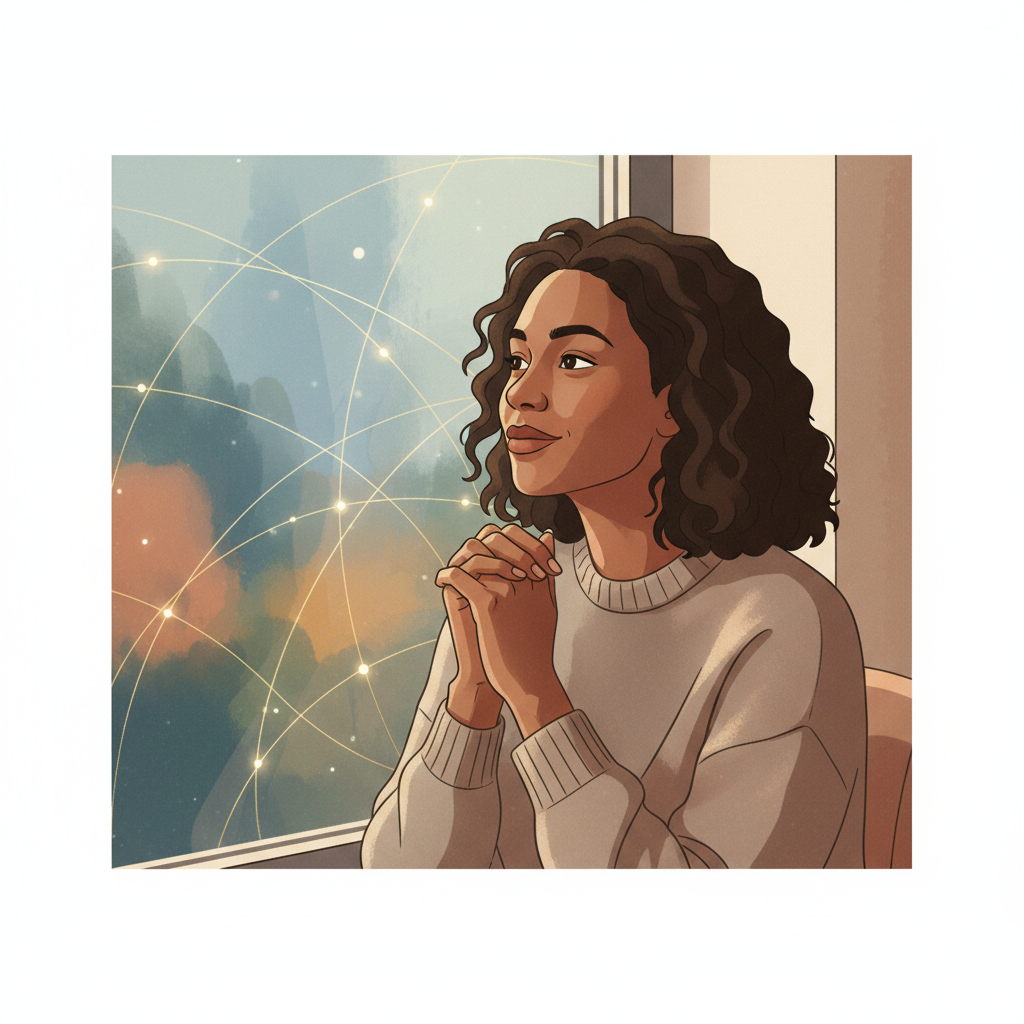 Woman standing thoughtfully near a window, suggesting contemplation of complex life journeys and health outcomes, with a subtle overlay of a graph representing intersecting trajectories.