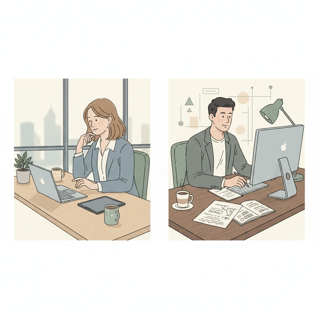 Two people, one man and one woman, sit facing away from each other at separate desks, both appearing focused but in different ways. The woman's desk is neatly organised, but she has a thoughtful expression, perhaps indicating internal processing. The man's desk is slightly more active, with papers spread out, and he might be gesturing while talking on the phone. The scene is calm and professional, illustrating diverse ways of engaging with tasks without stereotypical 'chaotic' imagery.