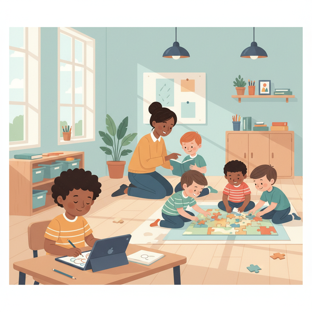 A diverse group of primary school children, including one focused on a tablet and another participating in a group activity, with a supportive teacher engaging with them in a bright, modern classroom setting.